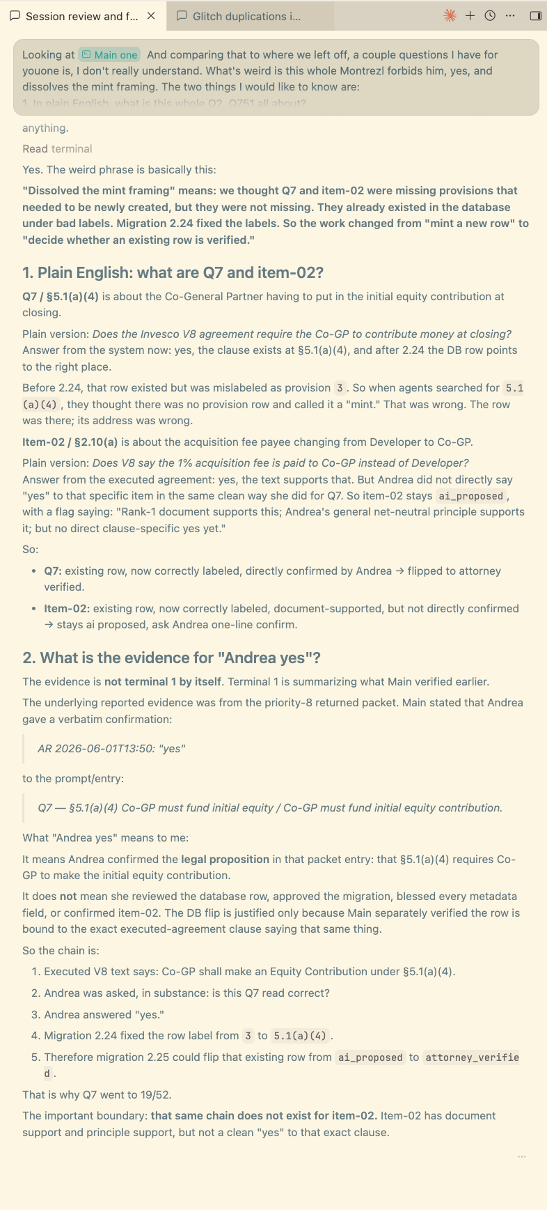The original verification chat — the real, executed walk-through that moved Q7 to attorney_verified.