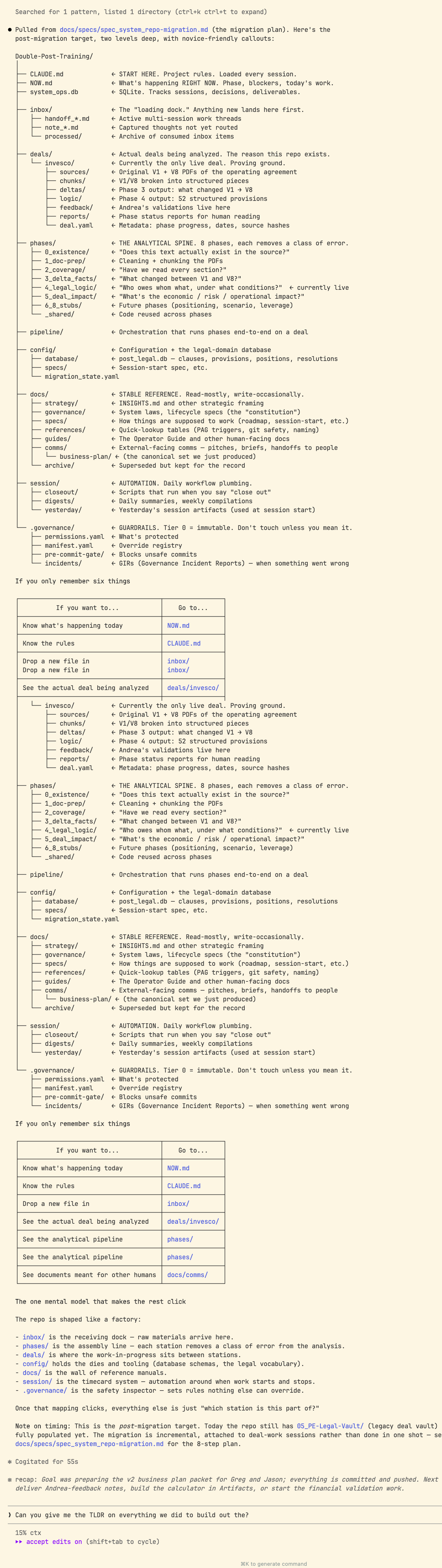 Full Claude Code session — reading the inbox brief, proposing a YAML schema, and writing the structured markdown file